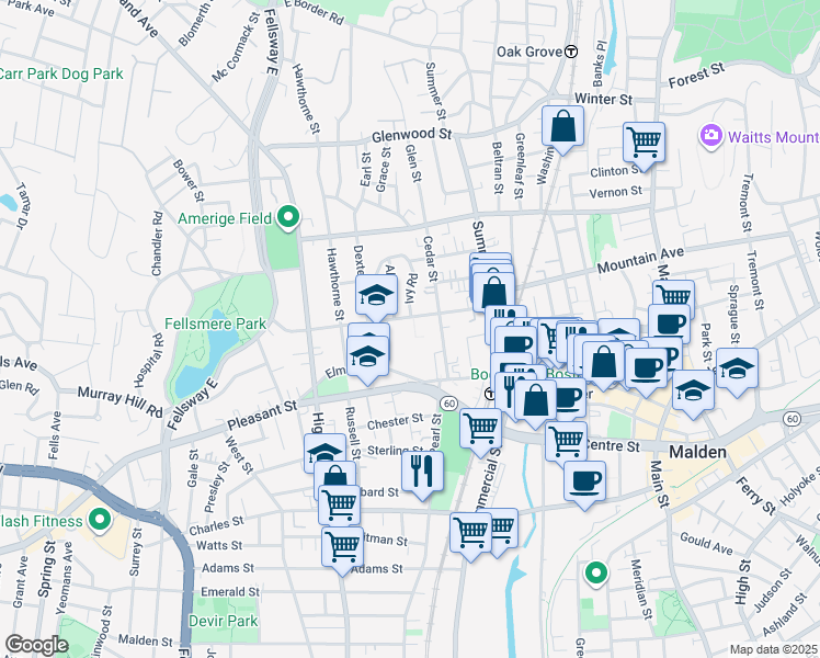 map of restaurants, bars, coffee shops, grocery stores, and more near 96 Maple Street in Malden