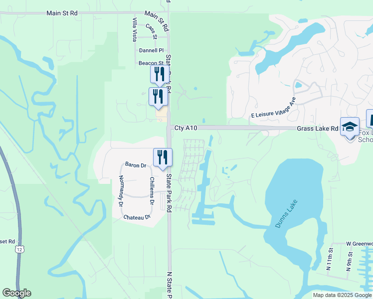 map of restaurants, bars, coffee shops, grocery stores, and more near 13 Saint Thomas Colony Street in Fox Lake