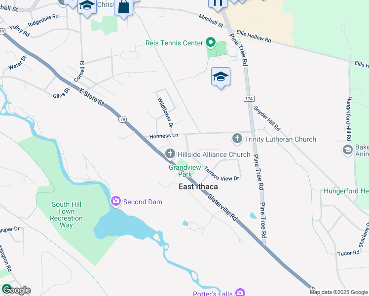 map of restaurants, bars, coffee shops, grocery stores, and more near 103 Terrace View Drive in Ithaca
