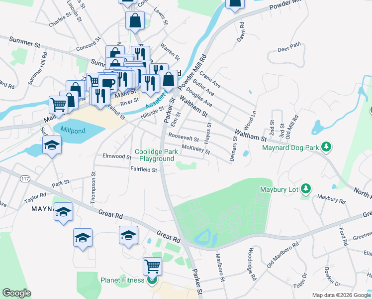 map of restaurants, bars, coffee shops, grocery stores, and more near 14 McKinley Street in Maynard