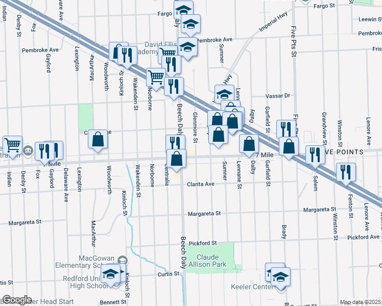 map of restaurants, bars, coffee shops, grocery stores, and more near 19150 Beech Daly in Redford Charter Township