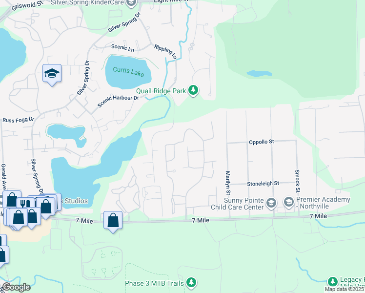 map of restaurants, bars, coffee shops, grocery stores, and more near 19697 Northridge Drive in Northville