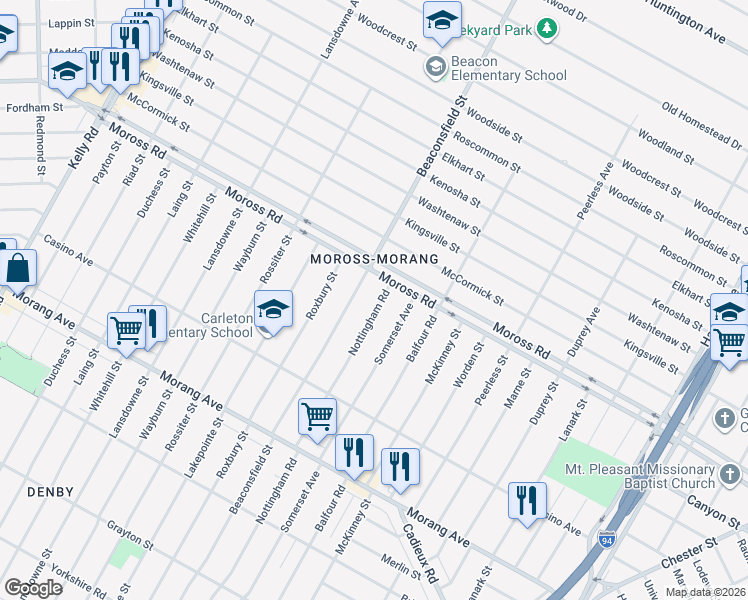 map of restaurants, bars, coffee shops, grocery stores, and more near 11735 Nottingham Road in Detroit