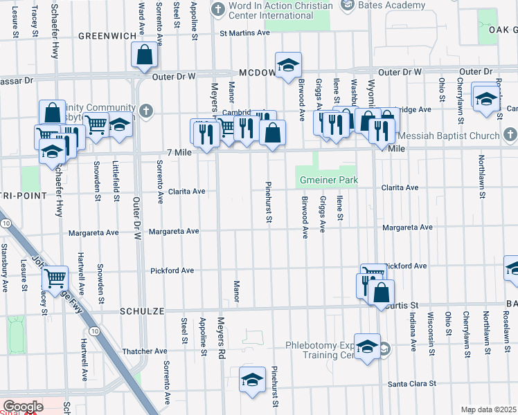 map of restaurants, bars, coffee shops, grocery stores, and more near 18690 Pinehurst Avenue in Detroit