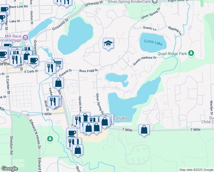 map of restaurants, bars, coffee shops, grocery stores, and more near 19832 Crystal Lake Drive in Northville