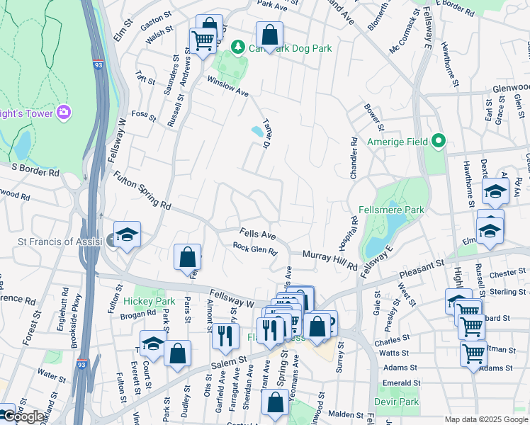 map of restaurants, bars, coffee shops, grocery stores, and more near 20 Howard Road in Medford