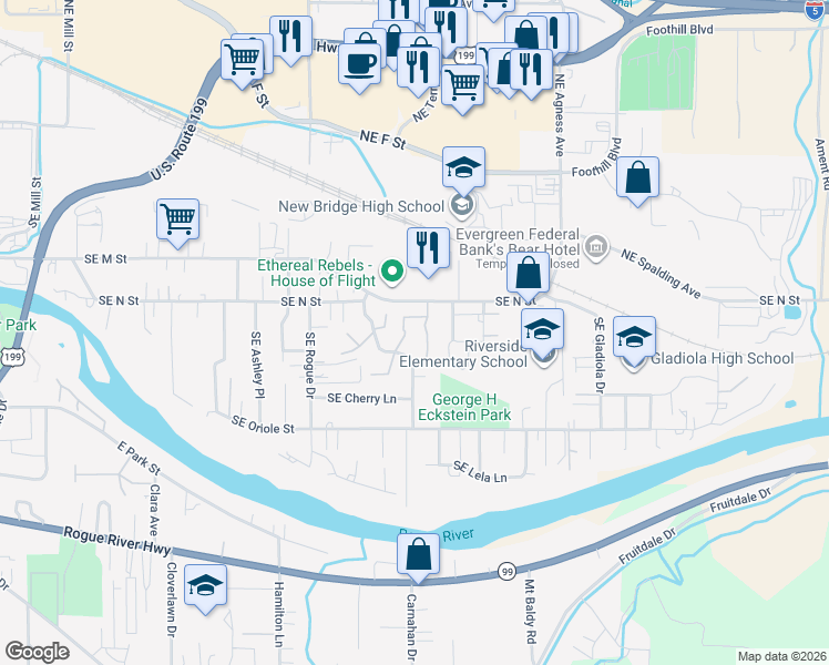 map of restaurants, bars, coffee shops, grocery stores, and more near 1625 Southeast N Street in Grants Pass