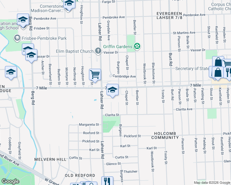 map of restaurants, bars, coffee shops, grocery stores, and more near 21605 West Seven Mile Road in Detroit