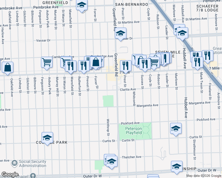 map of restaurants, bars, coffee shops, grocery stores, and more near 18911 Greenfield Road in Detroit
