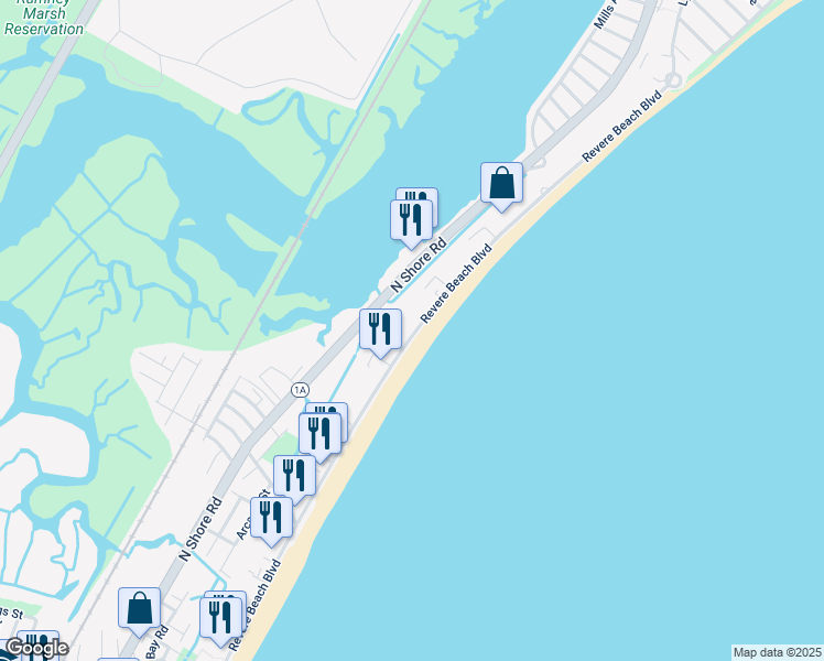 map of restaurants, bars, coffee shops, grocery stores, and more near 510 Revere Beach Boulevard in Revere