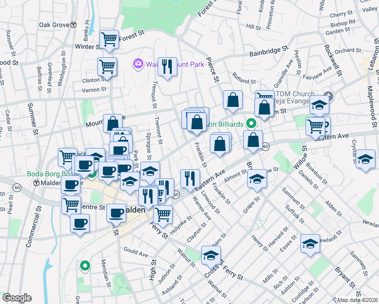 map of restaurants, bars, coffee shops, grocery stores, and more near in Malden