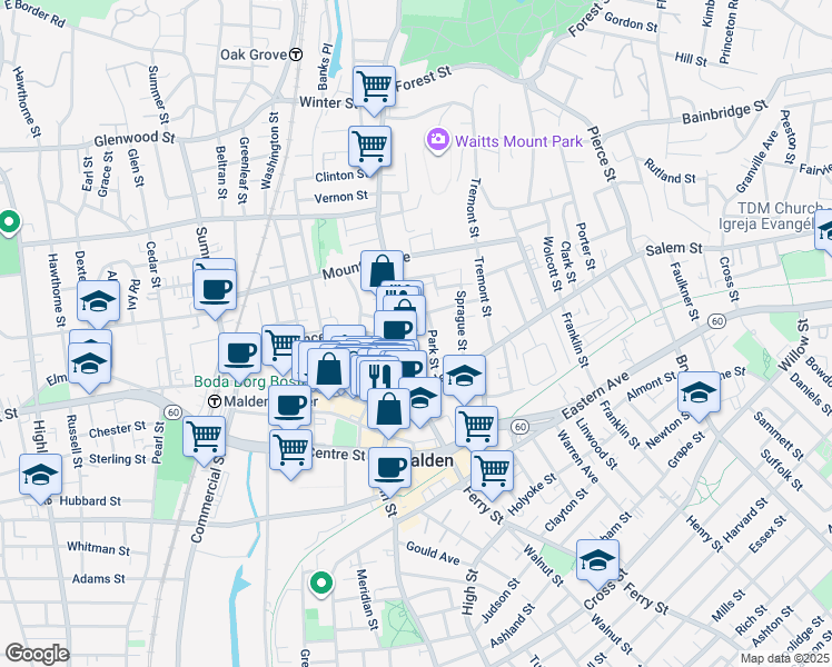 map of restaurants, bars, coffee shops, grocery stores, and more near 555 Main Street in Malden
