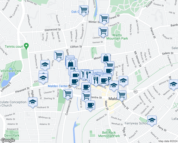 map of restaurants, bars, coffee shops, grocery stores, and more near 54 Washington Street in Malden