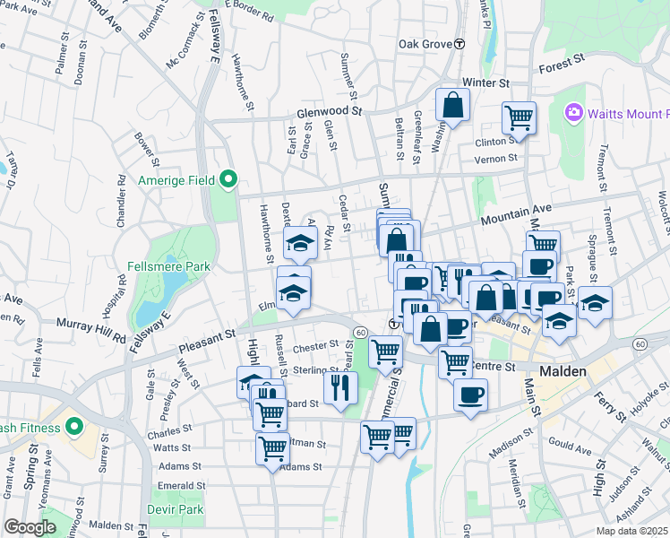 map of restaurants, bars, coffee shops, grocery stores, and more near 96 Maple Street in Malden