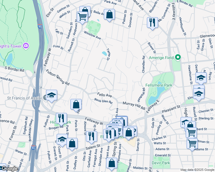 map of restaurants, bars, coffee shops, grocery stores, and more near 20 Howard Road in Medford
