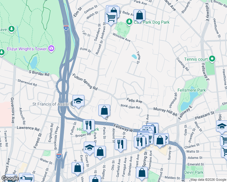 map of restaurants, bars, coffee shops, grocery stores, and more near 137 Fern Road in Medford