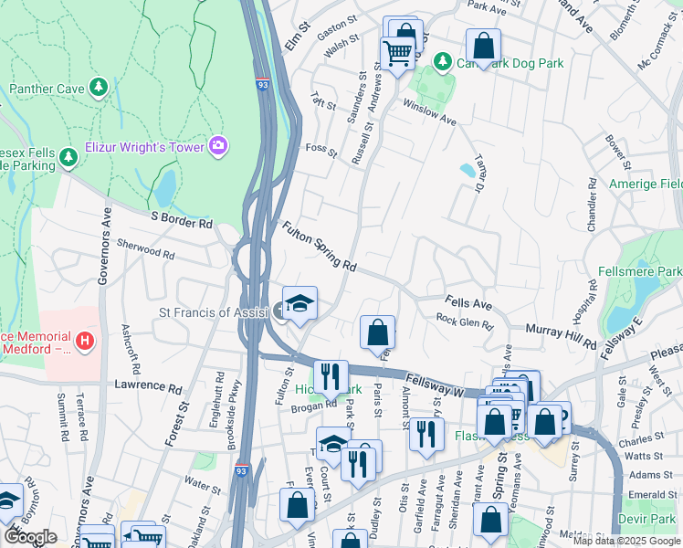 map of restaurants, bars, coffee shops, grocery stores, and more near 239 Fulton Street in Medford