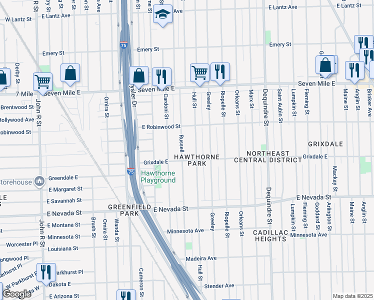 map of restaurants, bars, coffee shops, grocery stores, and more near 18566 Russell in Highland Park