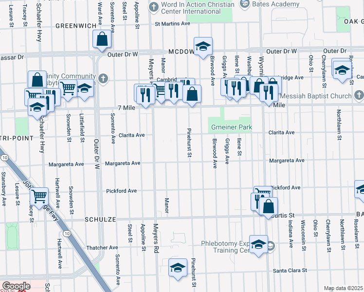 map of restaurants, bars, coffee shops, grocery stores, and more near 18690 Pinehurst Avenue in Detroit