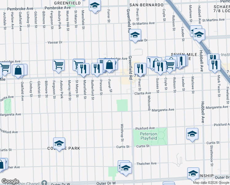 map of restaurants, bars, coffee shops, grocery stores, and more near 18918 Forrer Street in Detroit