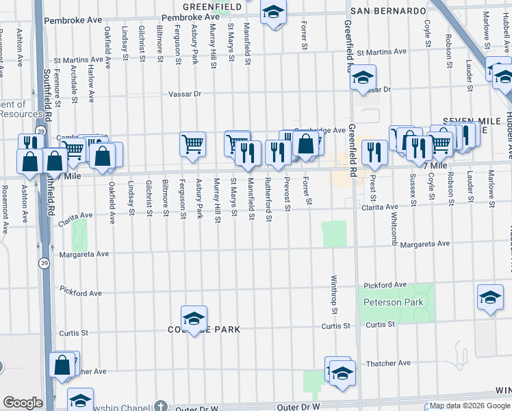 map of restaurants, bars, coffee shops, grocery stores, and more near 18929 Mansfield Street in Detroit