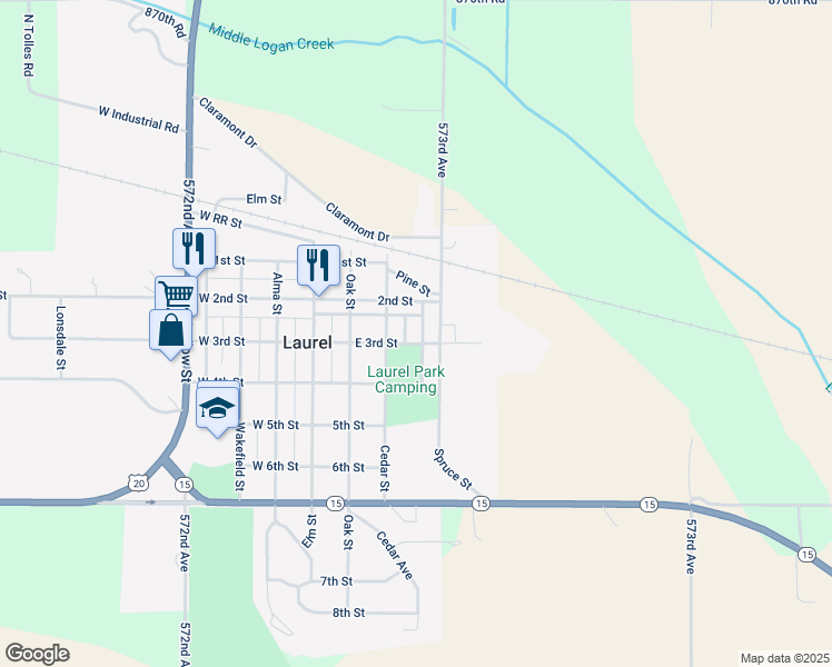 map of restaurants, bars, coffee shops, grocery stores, and more near 200-204 Pine Street in Laurel