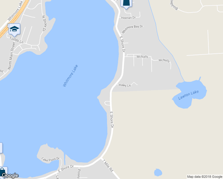 map of restaurants, bars, coffee shops, grocery stores, and more near 11985 East Shore Drive in Whitmore Lake