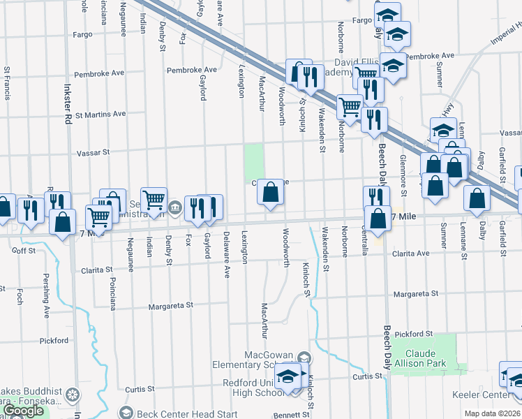 map of restaurants, bars, coffee shops, grocery stores, and more near 19158 MacArthur in Redford Charter Township