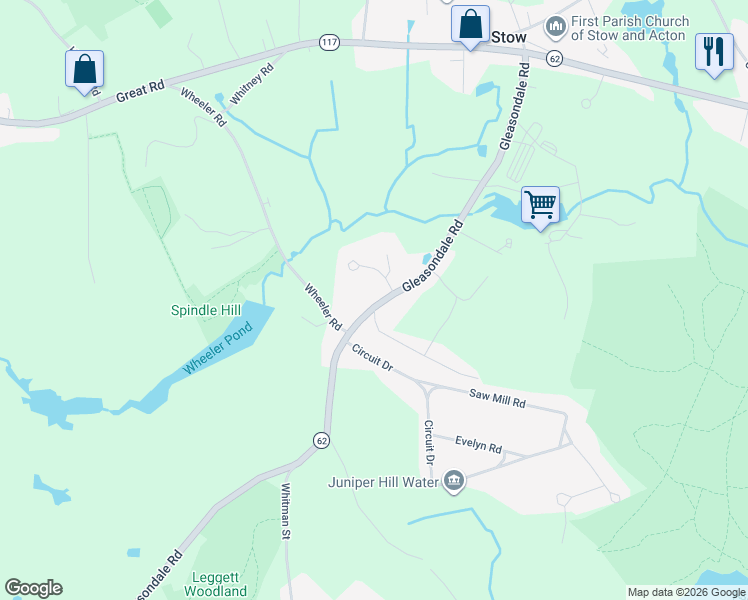 map of restaurants, bars, coffee shops, grocery stores, and more near 135 Gleasondale Road in Stow