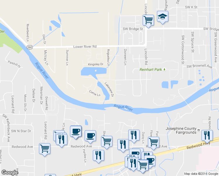 map of restaurants, bars, coffee shops, grocery stores, and more near Lakeview Drive in Grants Pass
