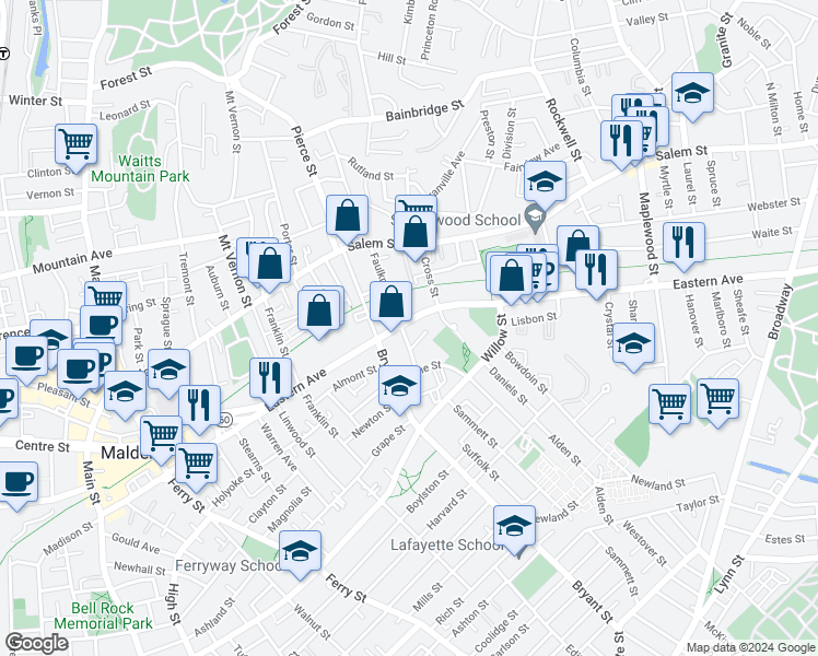 map of restaurants, bars, coffee shops, grocery stores, and more near 501 Eastern Avenue in Malden