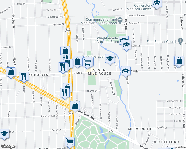 map of restaurants, bars, coffee shops, grocery stores, and more near 23671 West Seven Mile Road in Detroit