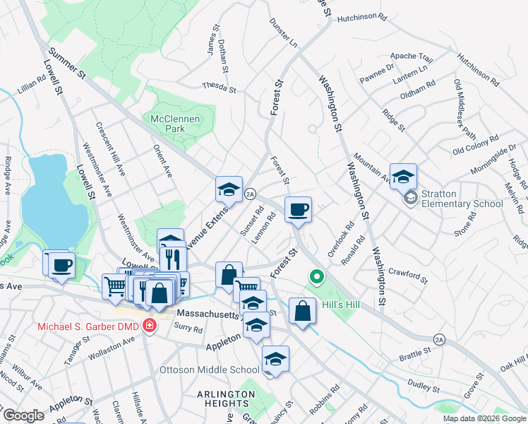 map of restaurants, bars, coffee shops, grocery stores, and more near 97 Sunset Road in Arlington