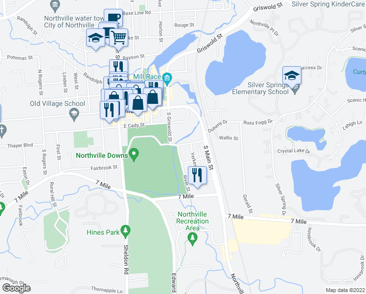 map of restaurants, bars, coffee shops, grocery stores, and more near 410 Beal Street in Northville