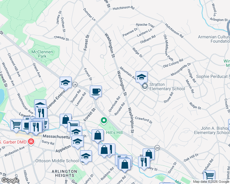 map of restaurants, bars, coffee shops, grocery stores, and more near 63 Edmund Road in Arlington