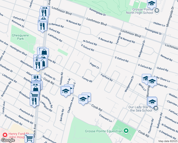 map of restaurants, bars, coffee shops, grocery stores, and more near 1169 Elford Court in Grosse Pointe Woods