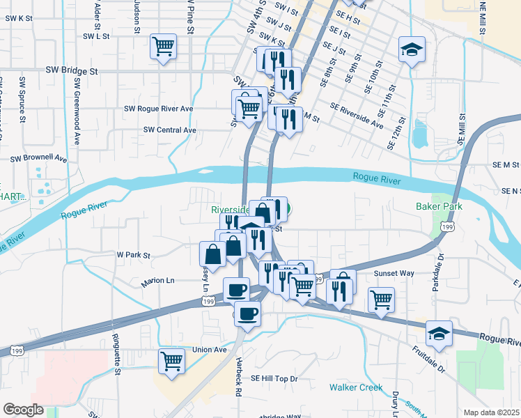 map of restaurants, bars, coffee shops, grocery stores, and more near 115 Rogue River Highway in Grants Pass