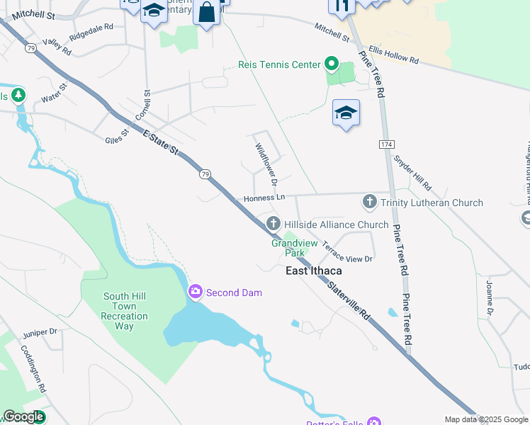 map of restaurants, bars, coffee shops, grocery stores, and more near 1410 Slaterville Rd in Ithaca