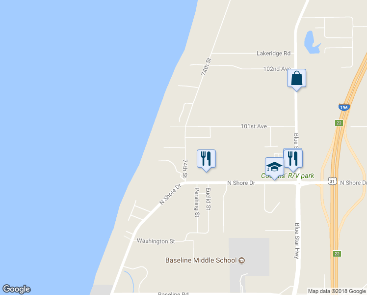 map of restaurants, bars, coffee shops, grocery stores, and more near 134 74th Street in South Haven