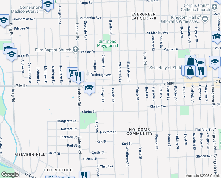 map of restaurants, bars, coffee shops, grocery stores, and more near 19087 Bentler Street in Detroit