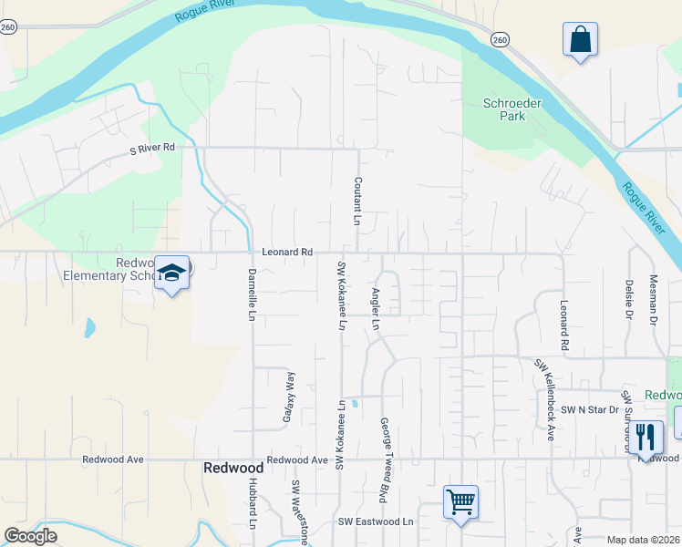 map of restaurants, bars, coffee shops, grocery stores, and more near 1044 Southwest Kokanee Lane in Grants Pass