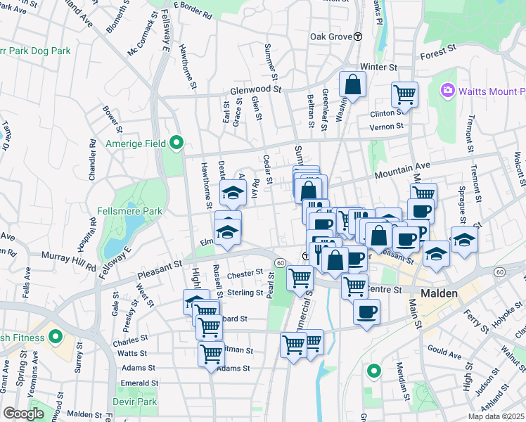 map of restaurants, bars, coffee shops, grocery stores, and more near 96 Maple Street in Malden