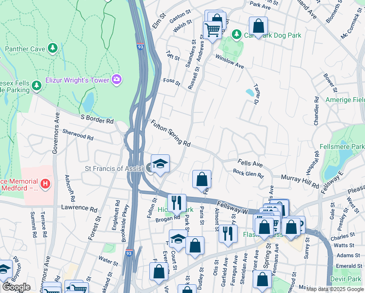 map of restaurants, bars, coffee shops, grocery stores, and more near 239 Fulton Street in Medford