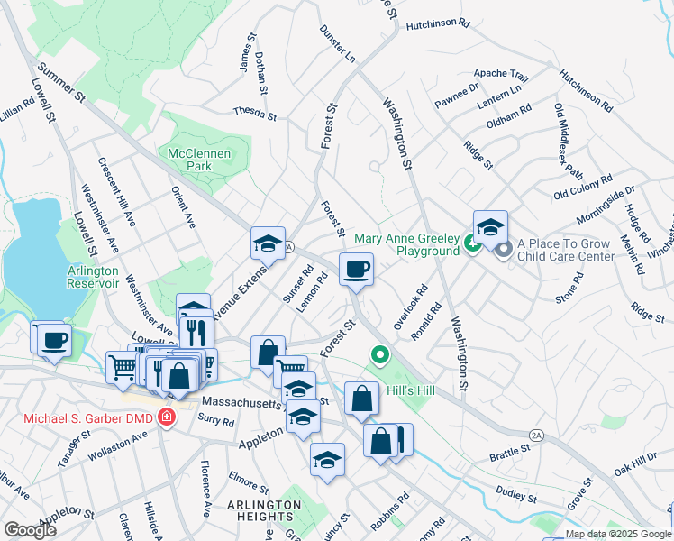 map of restaurants, bars, coffee shops, grocery stores, and more near 509 Summer Street in Arlington