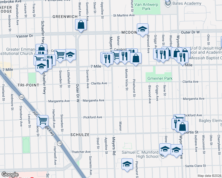 map of restaurants, bars, coffee shops, grocery stores, and more near 18691 Meyers Road in Detroit