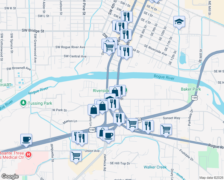 map of restaurants, bars, coffee shops, grocery stores, and more near 115 Rogue River Highway in Grants Pass