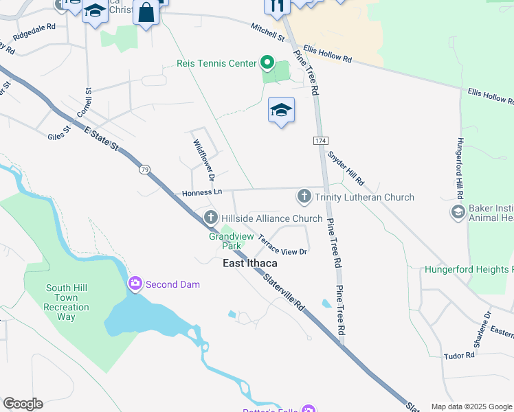 map of restaurants, bars, coffee shops, grocery stores, and more near 306 Sunny View Lane in Ithaca