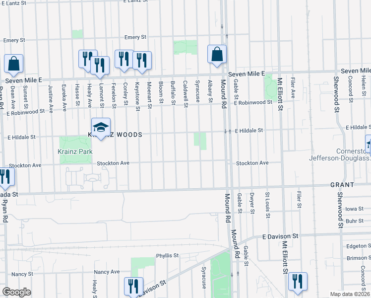 map of restaurants, bars, coffee shops, grocery stores, and more near 18466 Buffalo Street in Detroit