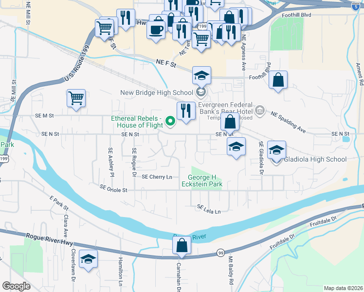 map of restaurants, bars, coffee shops, grocery stores, and more near 1625 Southeast N Street in Grants Pass