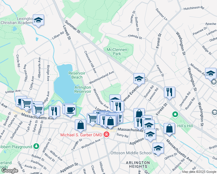 map of restaurants, bars, coffee shops, grocery stores, and more near 16 Park Place in Arlington
